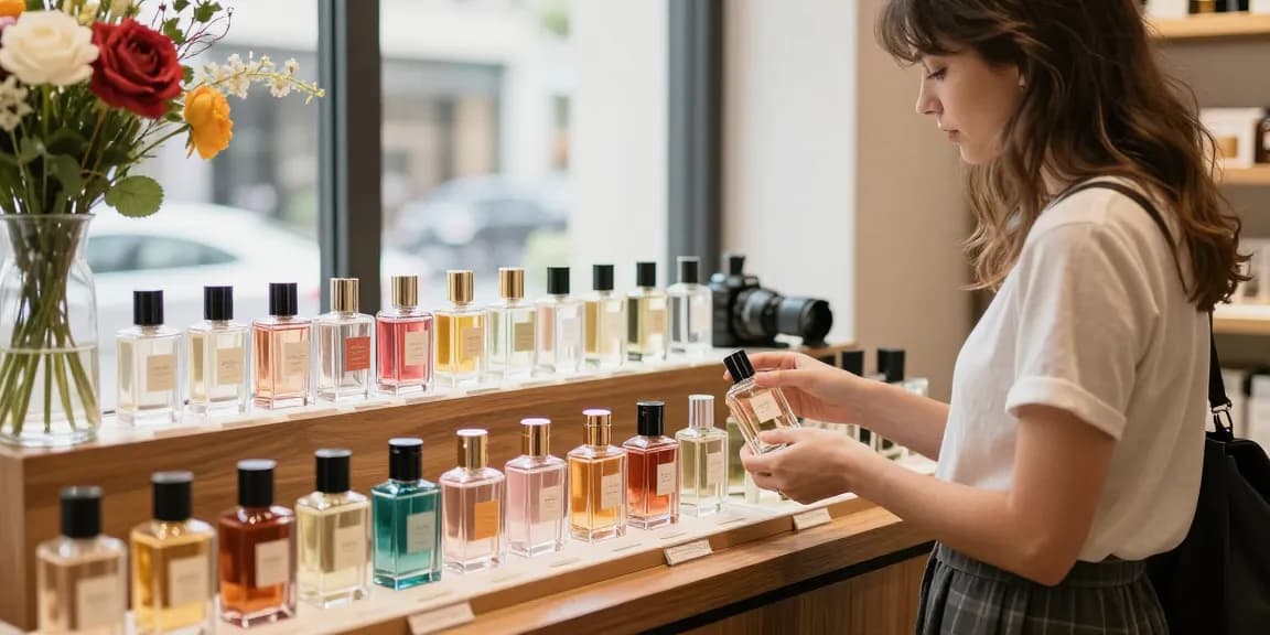 Shimmering array of affordable perfumes displayed in a chic boutique, inviting exploration of elegant scents.