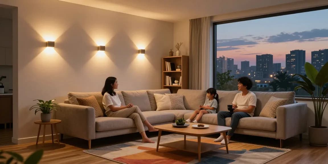 Aplice LED moderne care iluminează un living confortabil, creând o atmosferă caldă și primitoare.
