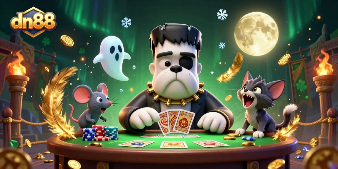 Play exciting games at dn88 featuring a unique bulldog dealer surrounded by thrilling casino elements.