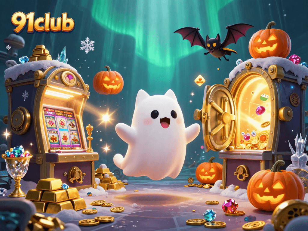 Join the adventure at 91club with ghostly characters and casino treasures in this vibrant scene.