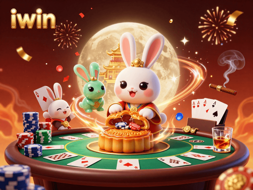 Engage with iwin and experience thrilling casino excitement with moon rabbits and poker chips.
