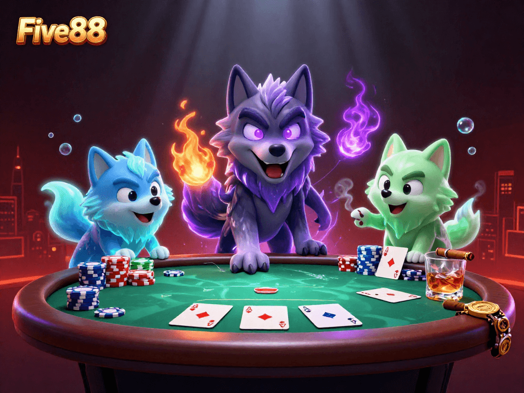 Five88 players strategize around an intense poker table with glowing wolf characters.