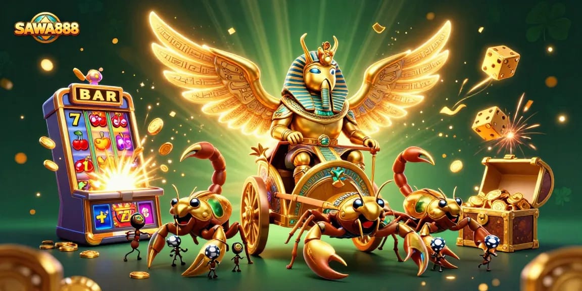 Experience thrilling action with SAWA888's golden scarab and scorpions amidst vibrant slot machines.
