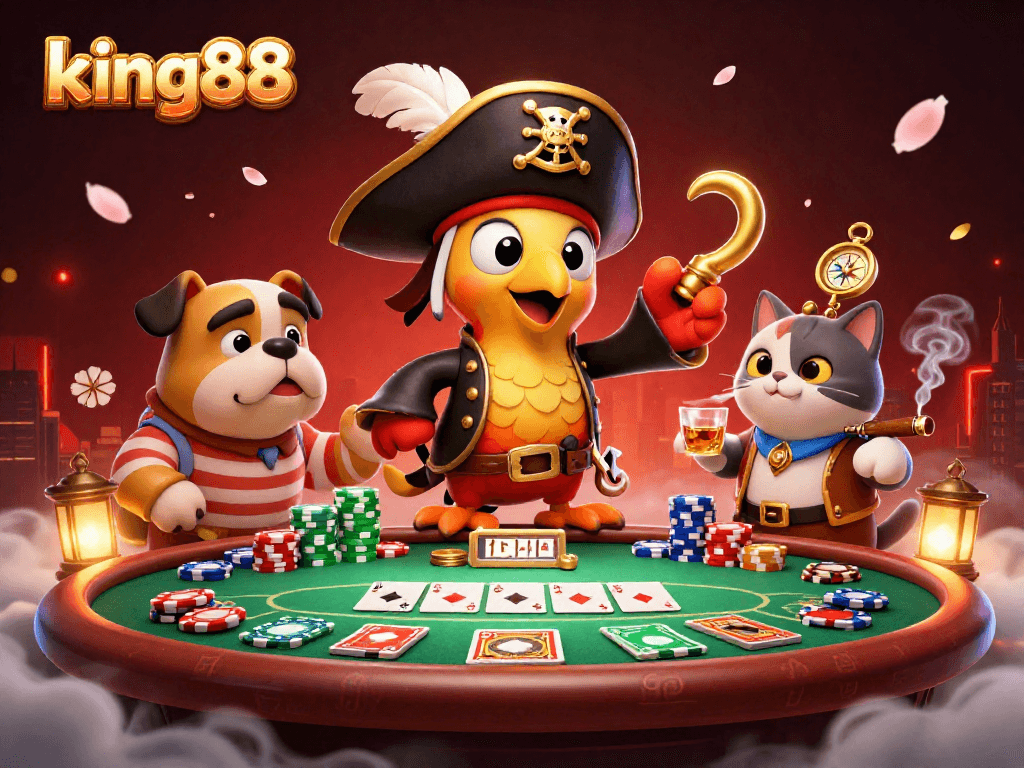 king88 features a vibrant 3D pirate scene with poker elements and playful characters.