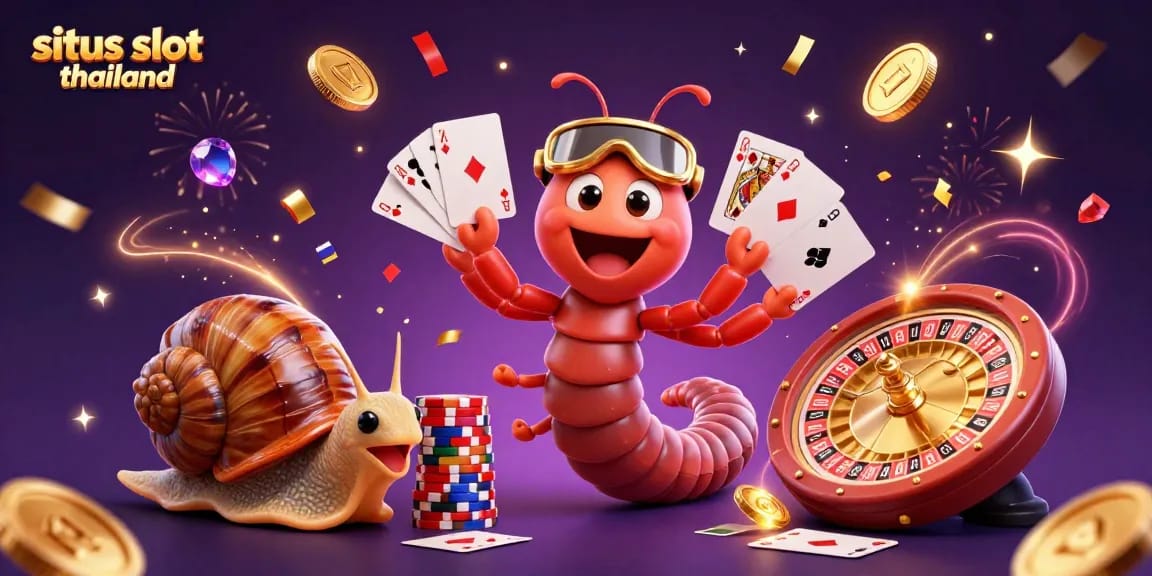 Situs slot thailand illustration showcasing a lively millipede dealer, snail high-roller, and celebratory casino elements.