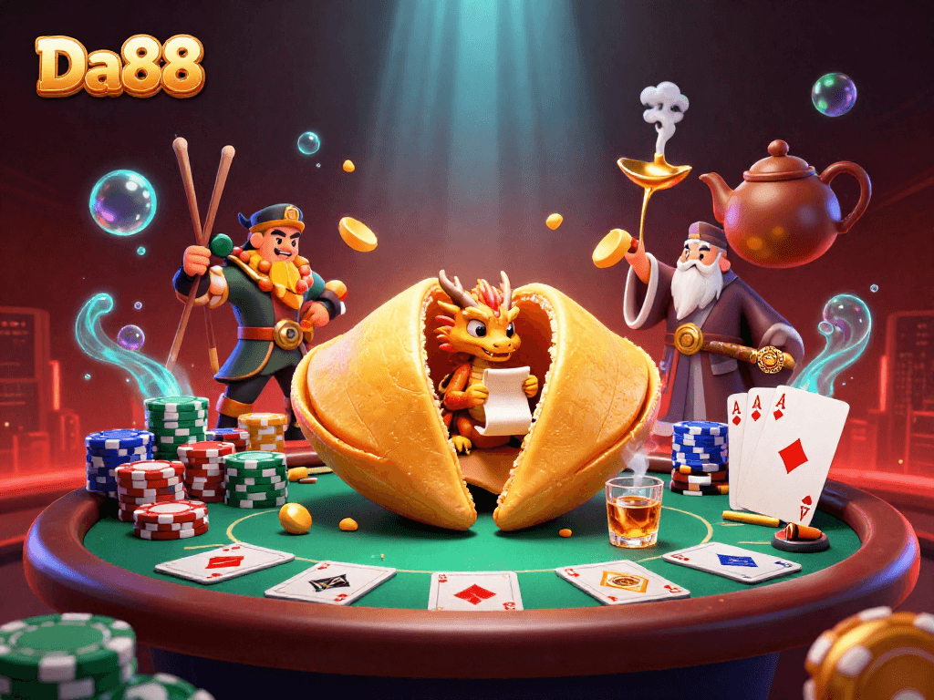 Experience thrilling poker hand action at Da88 with vibrant casino elements and dynamic characters.