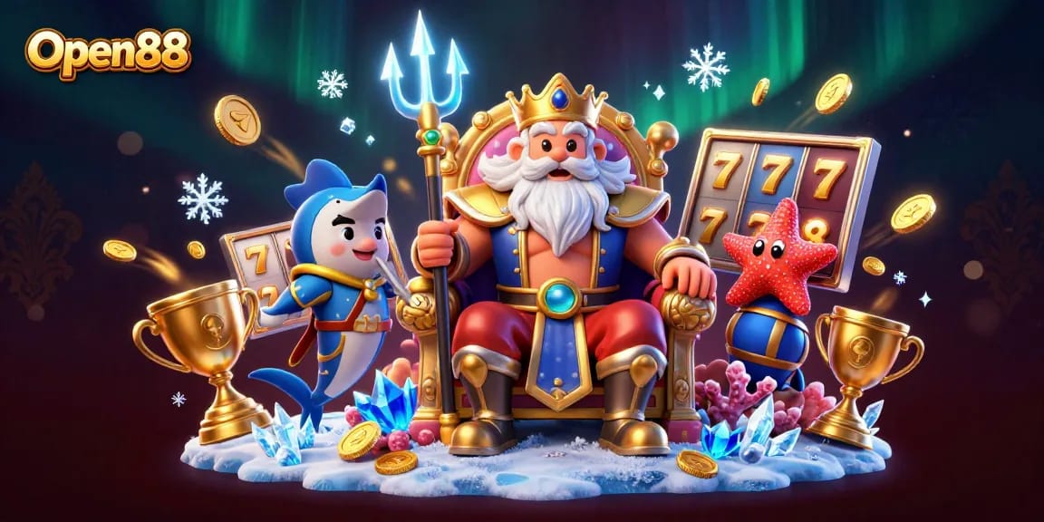 Engage in thrilling gaming at Open88 with vibrant illustrations of slots and Neptune.
