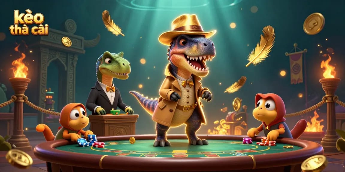 Betting with kèo nhà cái in a thrilling scene featuring dinosaurs at a casino table.