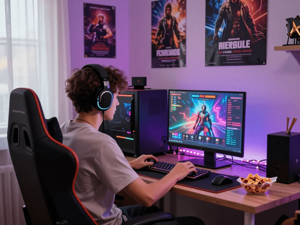 Engaged player enjoying a porn game in a cozy gaming room with LED lights.