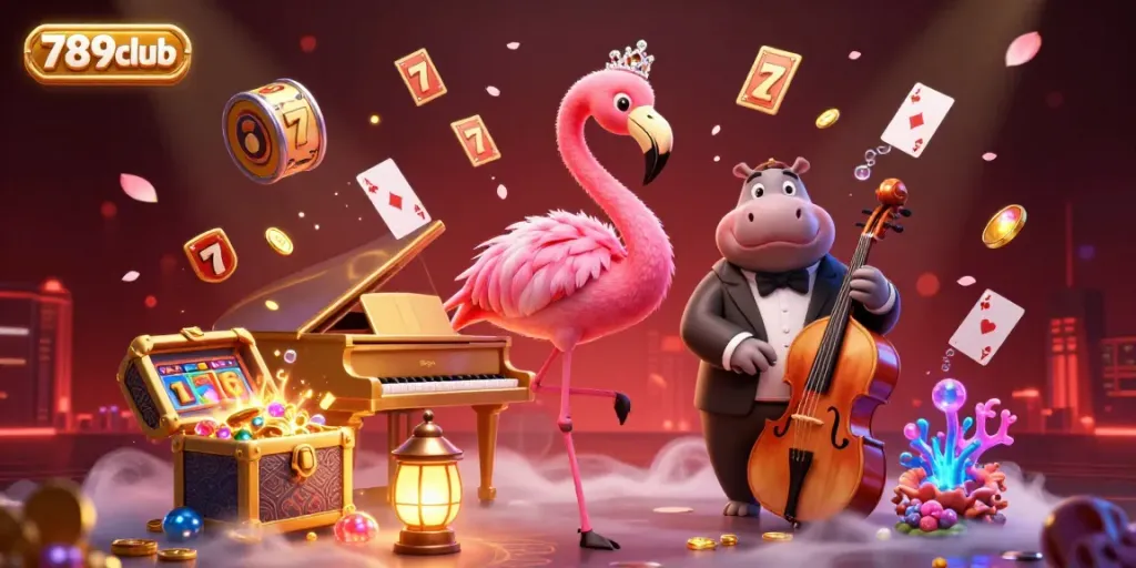 Engage with the vibrant 789club casino scene featuring performing singers and dynamic slot elements.