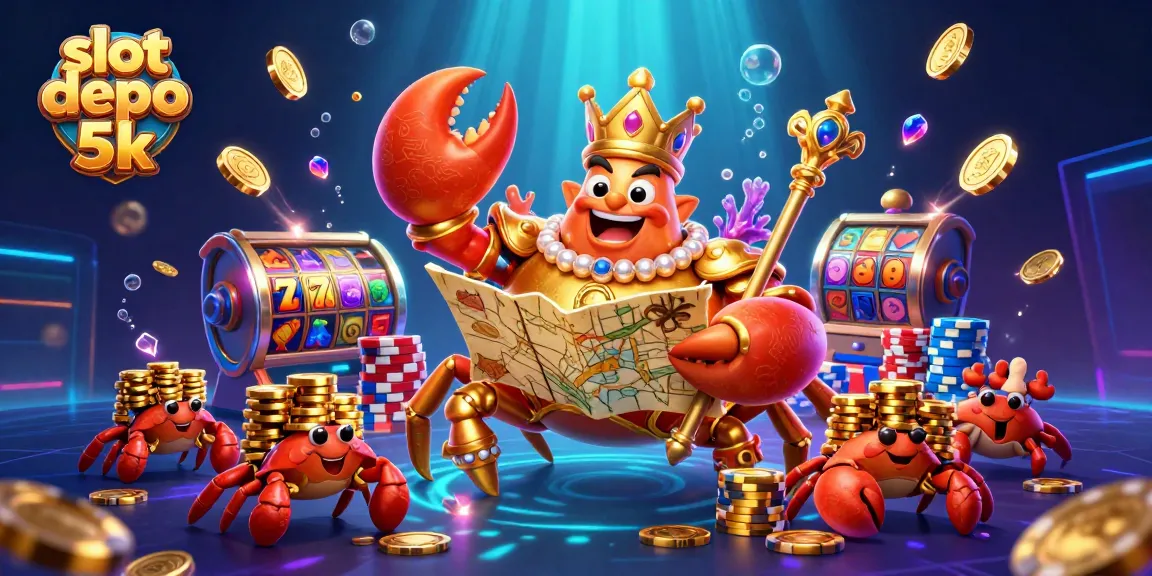 Engage with the vibrant scene showcasing slot depo 5k featuring a golden crab emperor amidst stunning casino elements.
