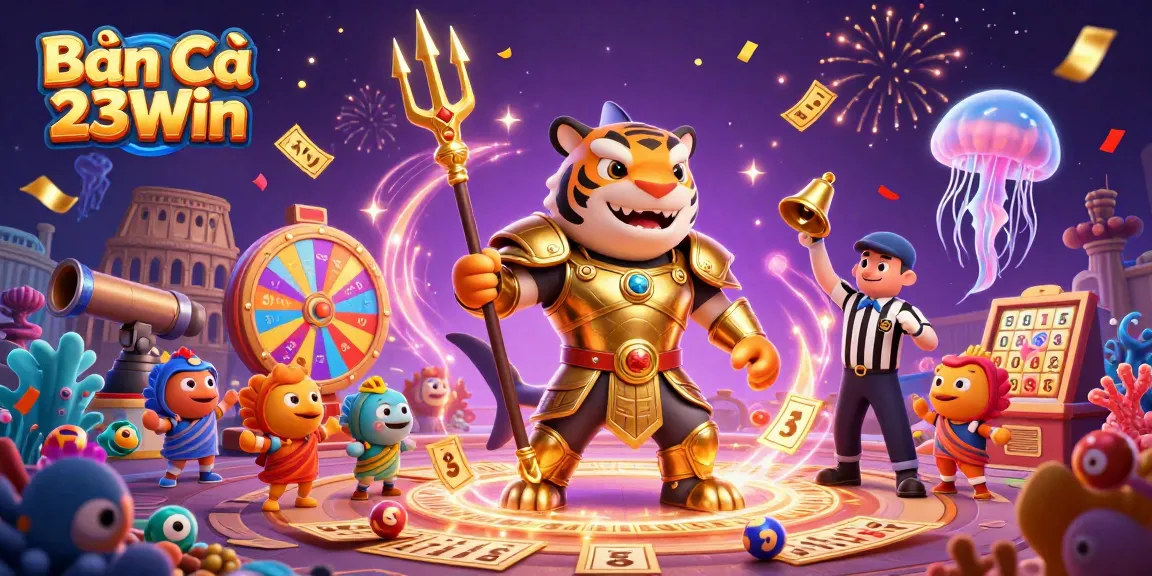 Bắn Cá 23Win includes exciting underwater gameplay with a tiger shark, fish, and vibrant game elements.