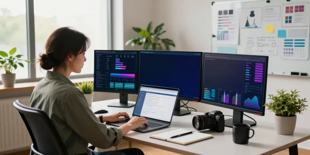 Professional digital marketing workspace showcasing instant indexing strategies with analytics on monitors.