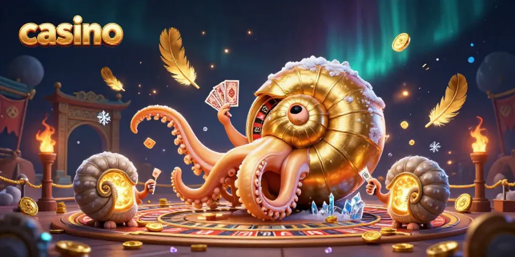 Engage in exciting casino action with a dynamic nautilus and glowing ammonites in a vibrant scene.