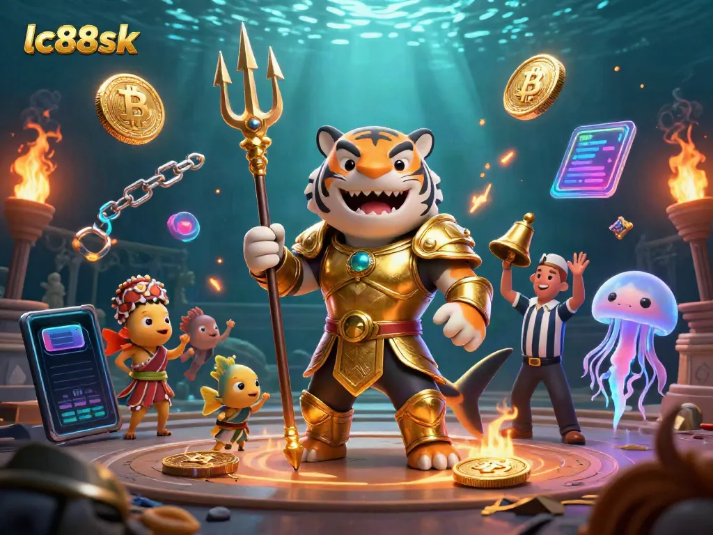 Experience the excitement of lc88sk with a vibrant scene featuring a gladiator shark and crypto elements