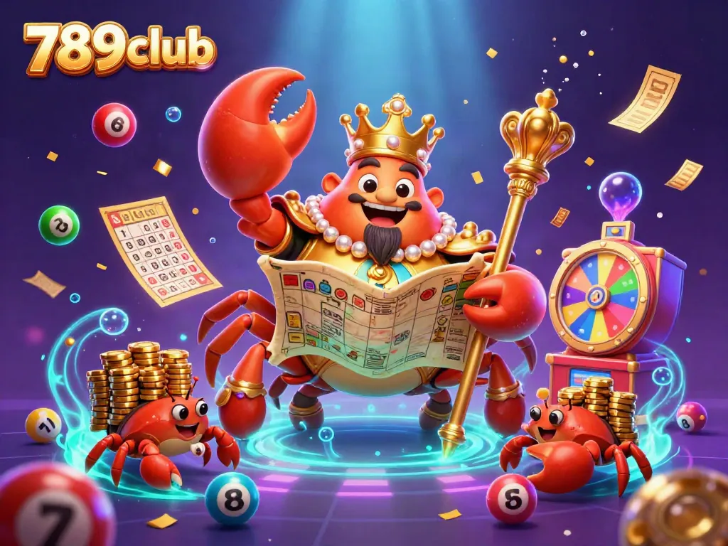 Experience the vibrant world of 789club with dynamic lottery elements and a majestic golden crab.