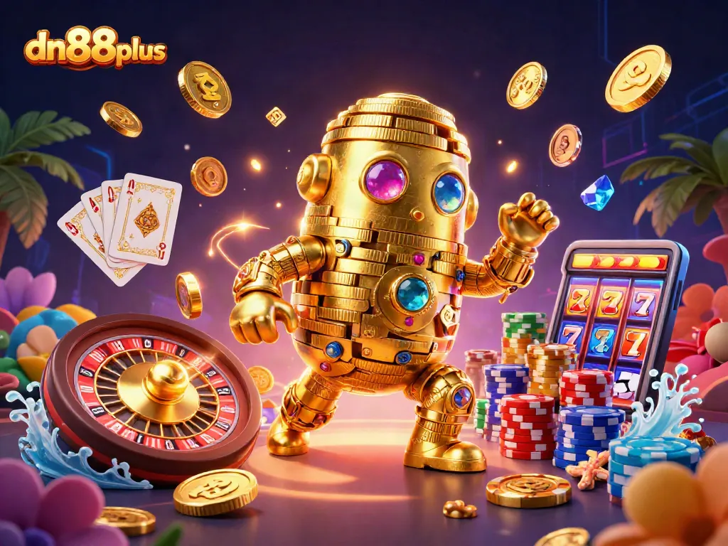 Spin and win with the dn88plus golden golem amidst cascading coins and vibrant casino action.