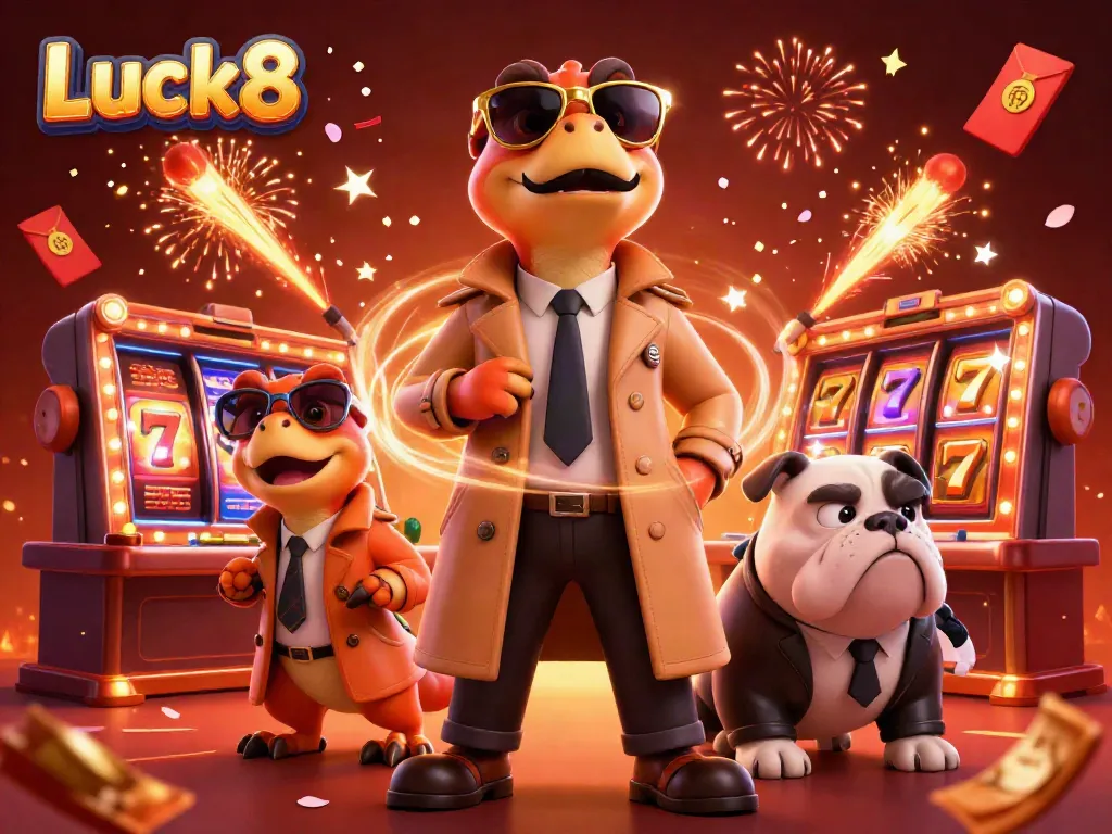 Luck8 showcases raptors in a trench coat trying to enter a VIP casino, surrounded by casino elements.