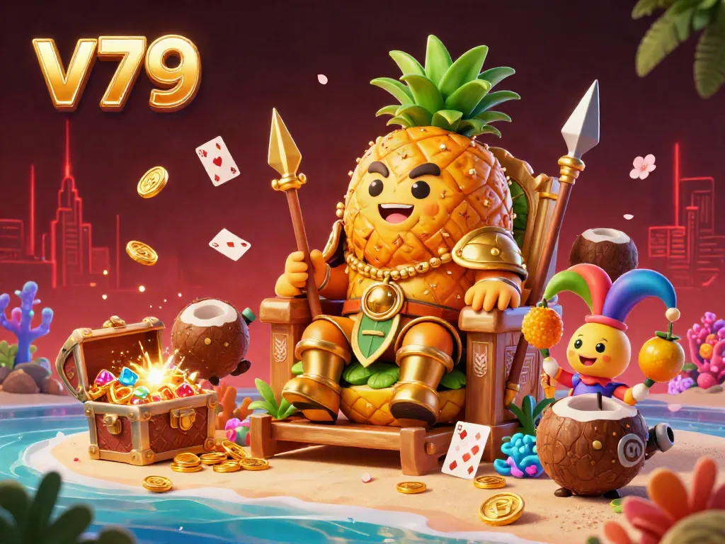 Experience thrilling gameplay at v79 featuring a vibrant casino scene with a golden pineapple king and dynamic game elements.