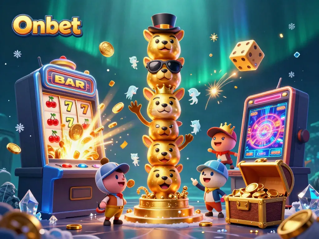 Experience the excitement of Onbet with a vibrant casino illustration featuring a golden totem pole and jackpot elements.