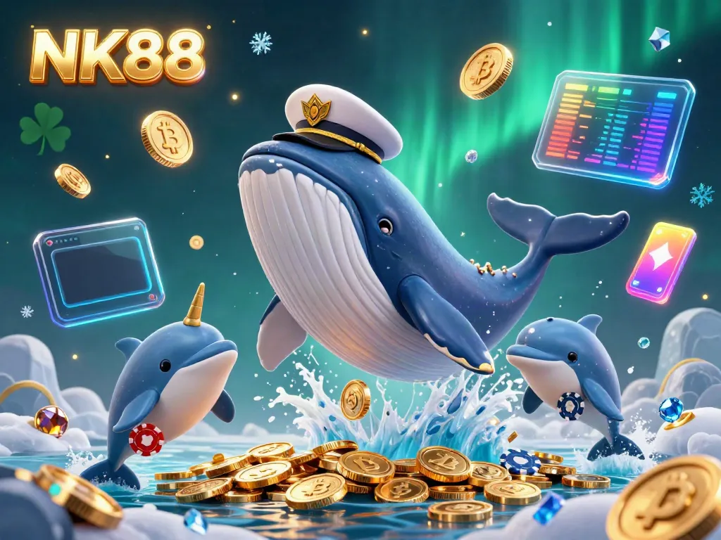 Navigating the virtual treasures of NK88 with a whimsical whale and playful dolphins in a vibrant 3D casino scene.