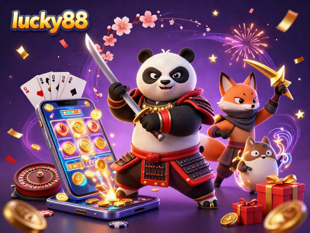 Experience thrilling gaming at lucky88 with a dynamic casino scene featuring a samurai panda and a ninja fox.