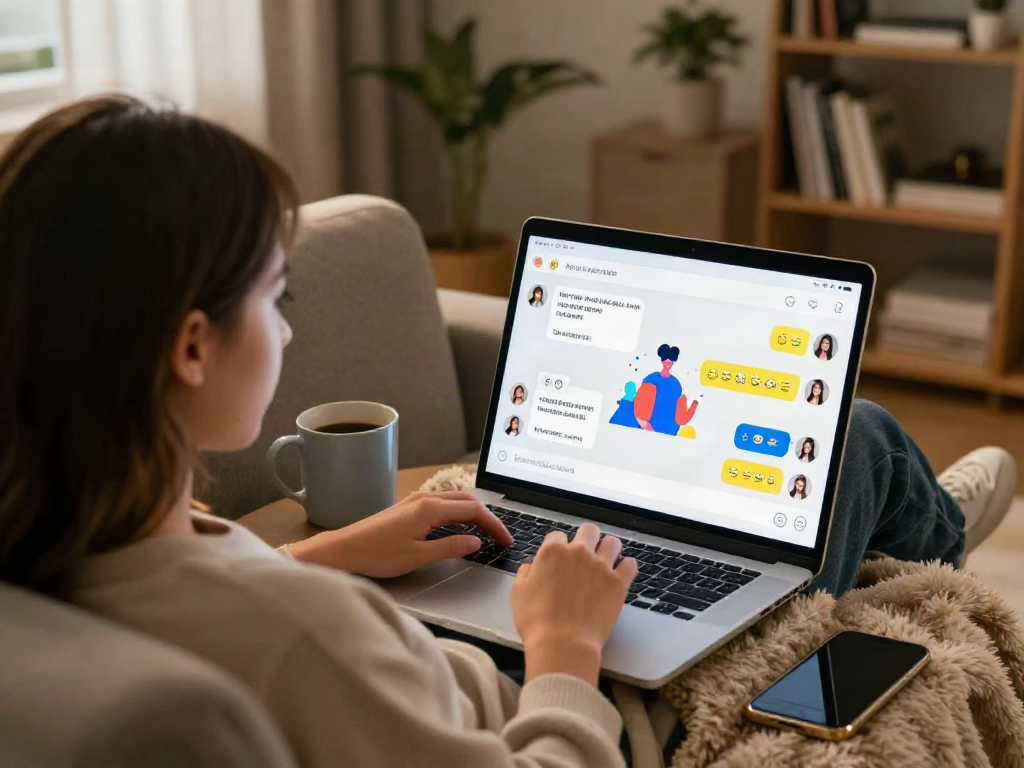 Engaging in nsfw AI chat on a laptop in a cozy home setting.