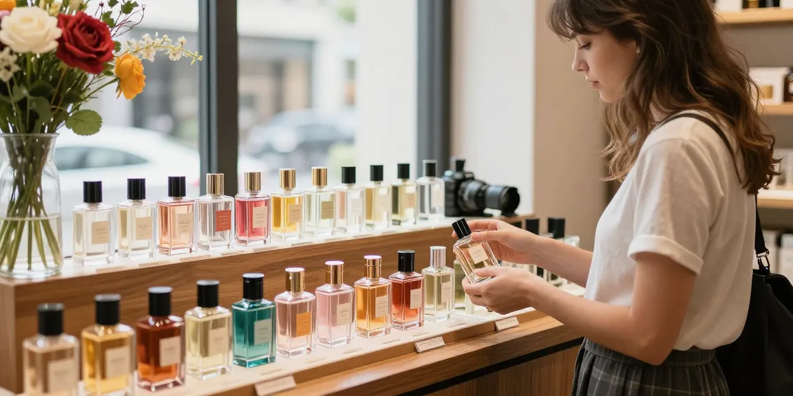 Shimmering array of affordable perfumes displayed in a chic boutique, inviting exploration of elegant scents.