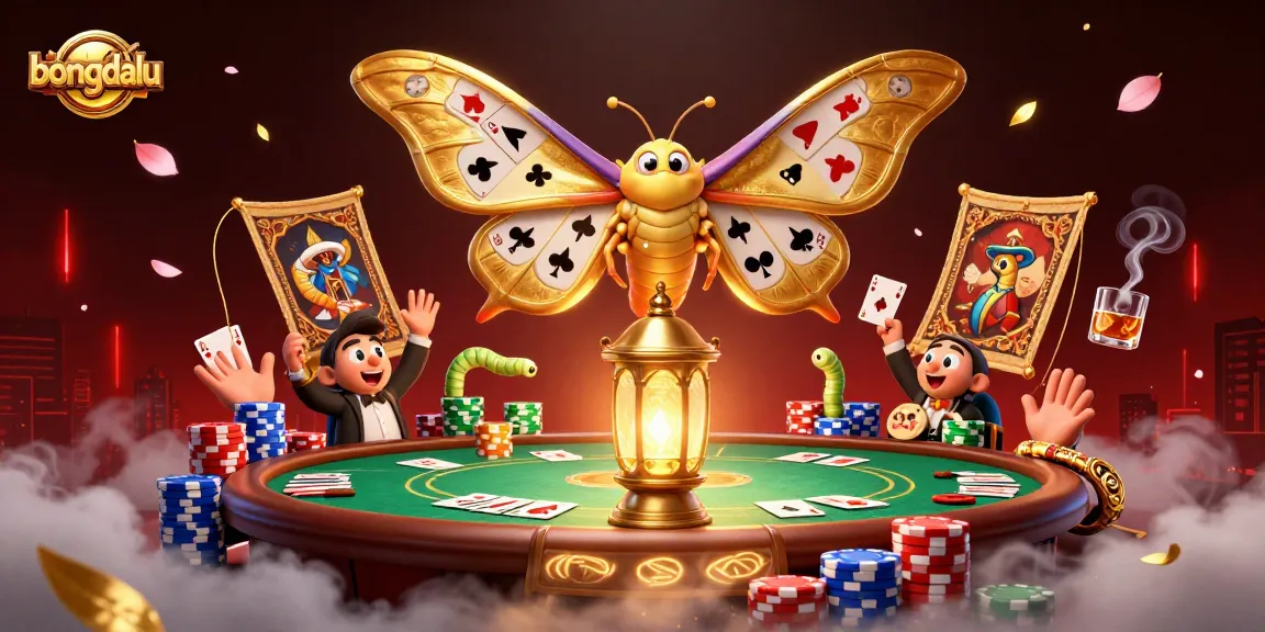 Bongdalu platform showcases an engaging casino scene with a majestic atlas moth and vibrant poker elements.