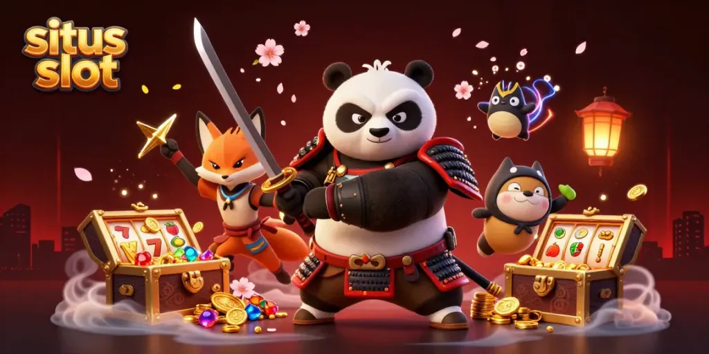 Situs slot scene featuring a samurai panda and ninja fox with explosive gold coins and slot reels.