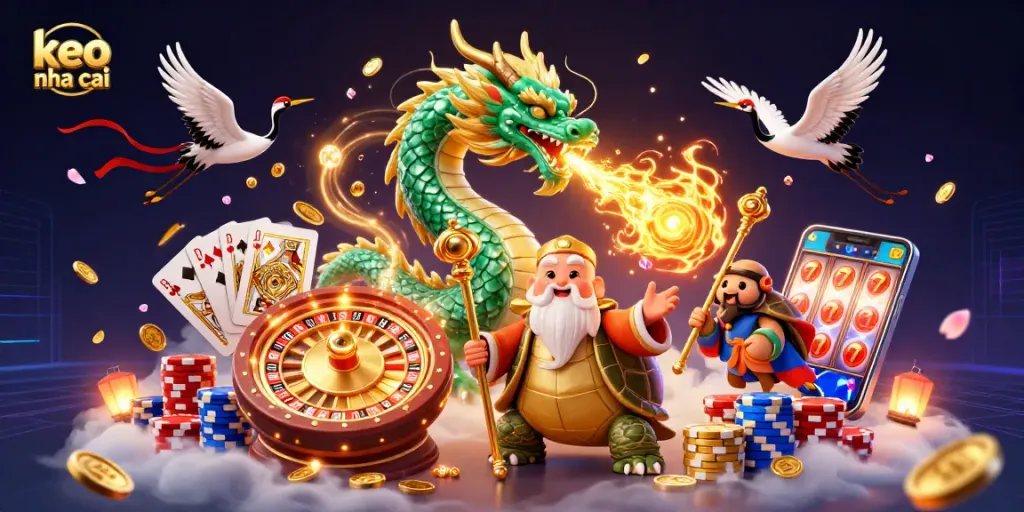 Engage with keo nha cai through vibrant casino elements and dynamic characters, including a jade dragon.