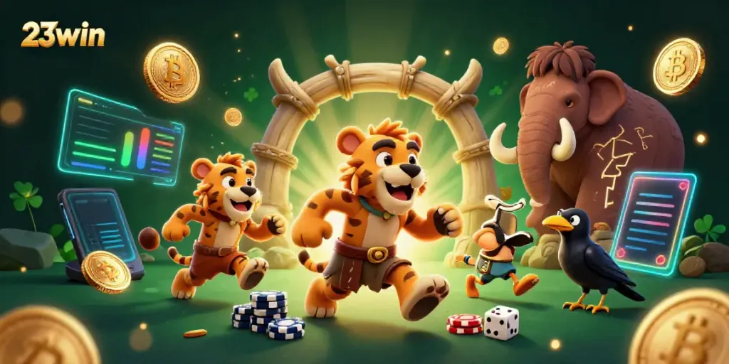 Experience the thrill of 23win with a vibrant casino scene featuring glowing Bitcoin coins, showcasing rich gambling action.