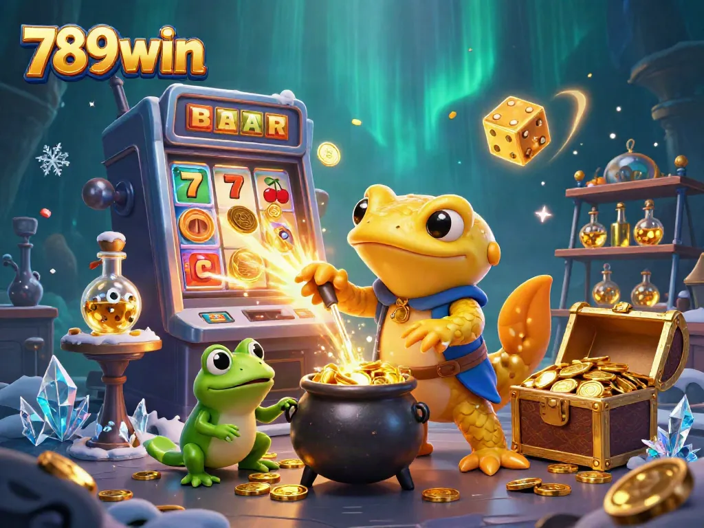 Experience the magic of 789win where golden coins flow from a vibrant 3D casino scene.