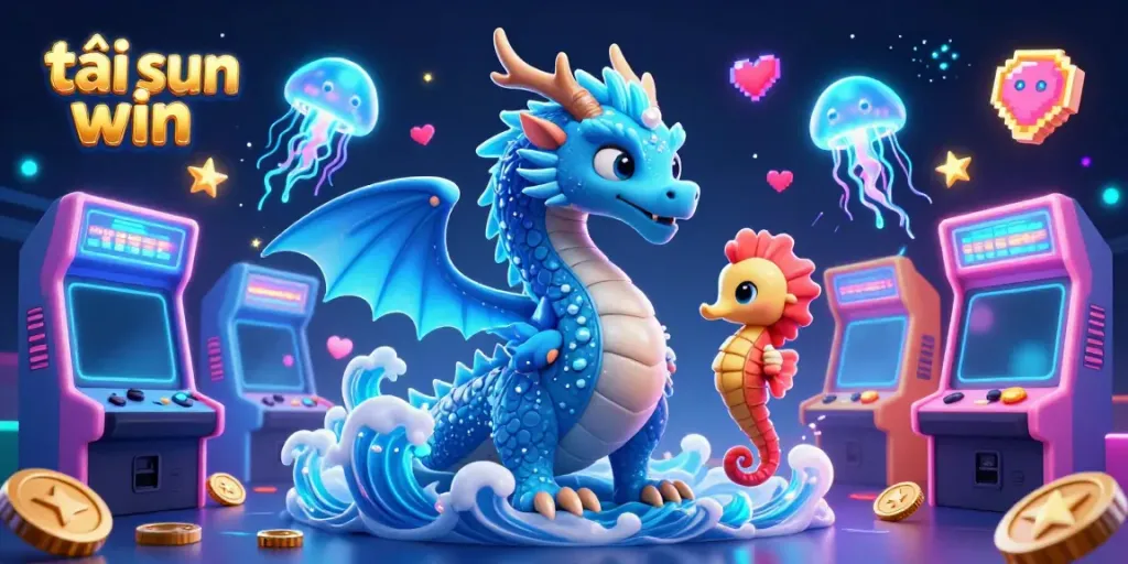 Experience the thrill of tải sun win with a vibrant 3D illustration featuring a dragon, seahorse knight, and glowing jellyfish.