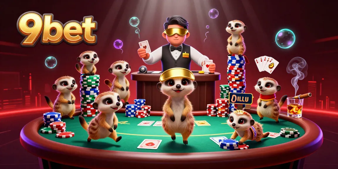 9bet meerkats orchestrating a dynamic poker game in a vibrant casino scene.
