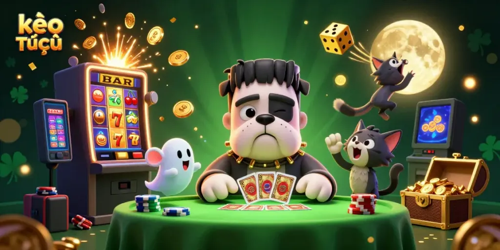 Engage in thrilling kèo trực tuyến action with a spooky 3D cartoon casino scene featuring fun characters.