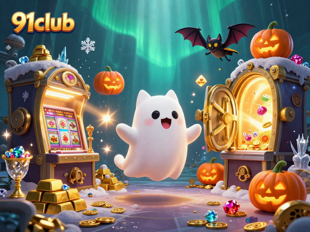 Join the adventure at 91club with ghostly characters and casino treasures in this vibrant scene.