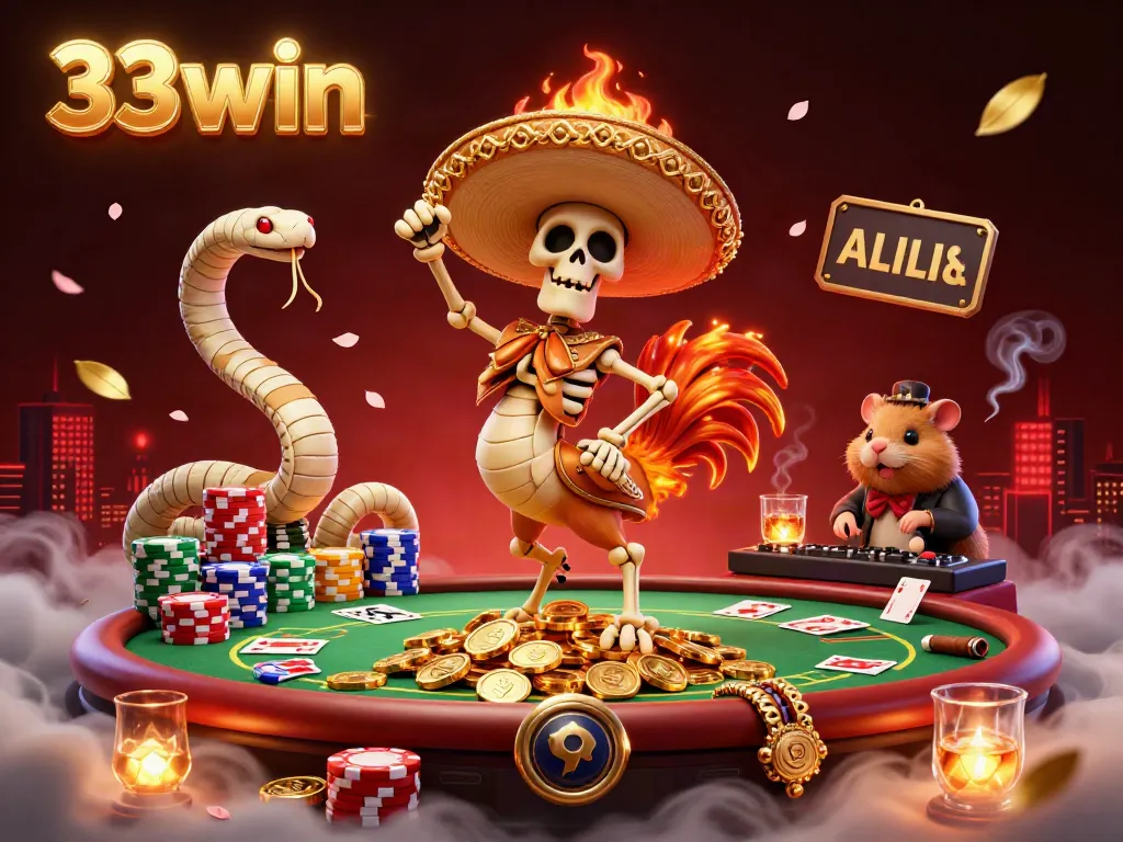 Experience the excitement of 33win with vibrant casino illustrations featuring festive characters and poker elements.
