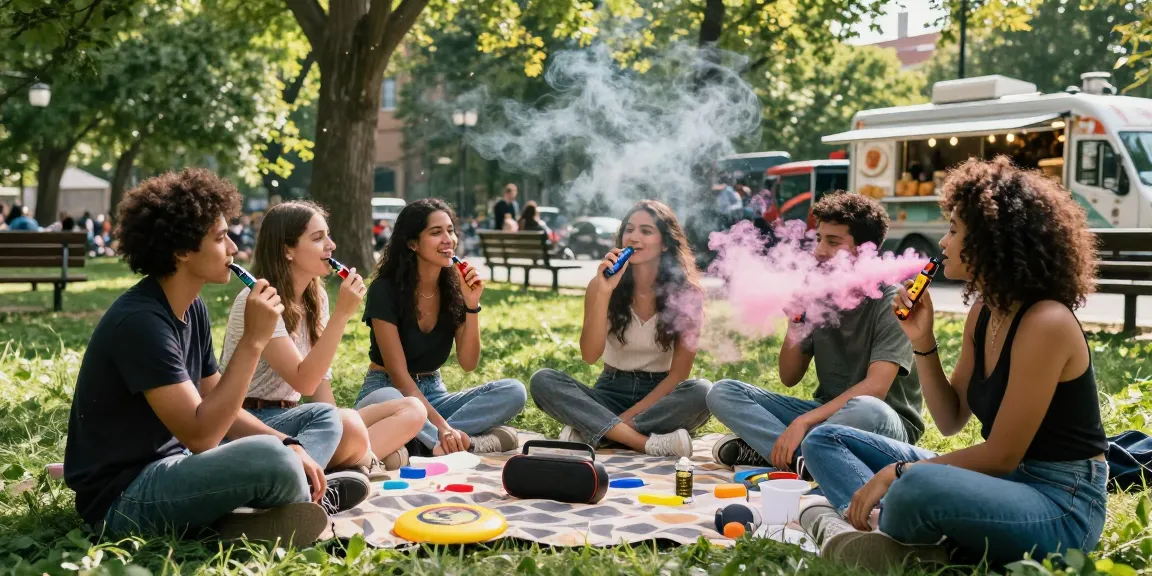 Friends enjoying a sunny day in the park with colorful weed vapes.