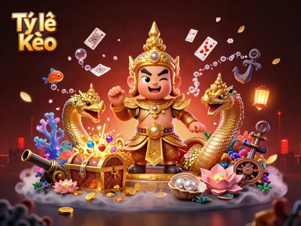 Tỷ Lệ Kèo reveals the vibrant world of betting, showcasing a guardian and Naga in a treasure-filled scene.