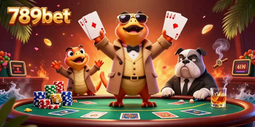 Play poker with 789bet at a vibrant casino featuring dynamic characters in a luxurious setting.
