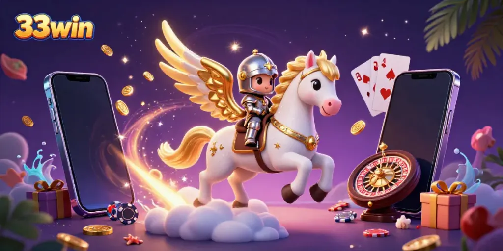Experience the excitement of 33win with a celestial horse, knight, and dynamic casino elements.