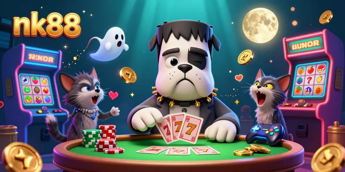 Engage in slots and jackpots with nk88, featuring a monster dealer at a vibrant casino table.