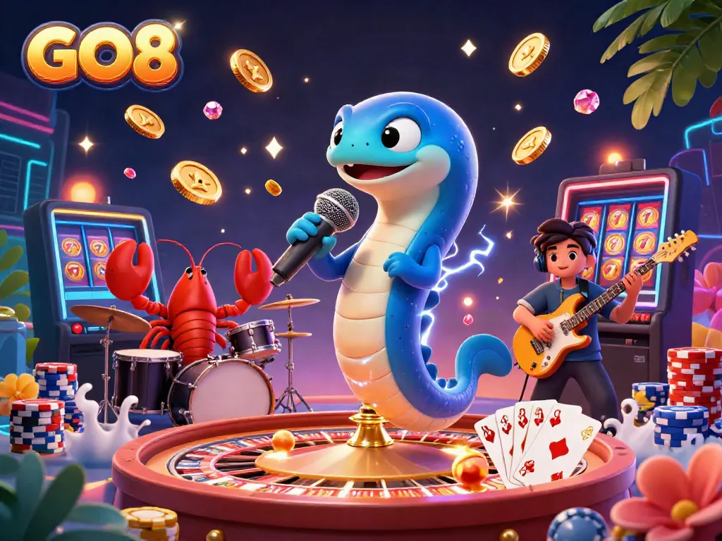 Experience the excitement of GO8 with an underwater casino scene featuring an electric eel DJ, lobster drummer, and seahorse guitarist.
