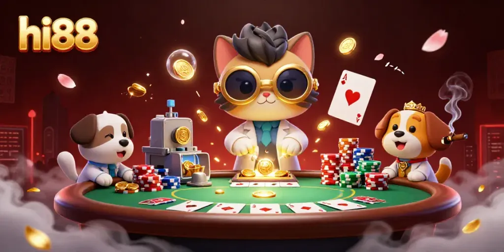 Experience the excitement of hi88 with a playful illustration of a mad scientist cat at a lively casino scene.