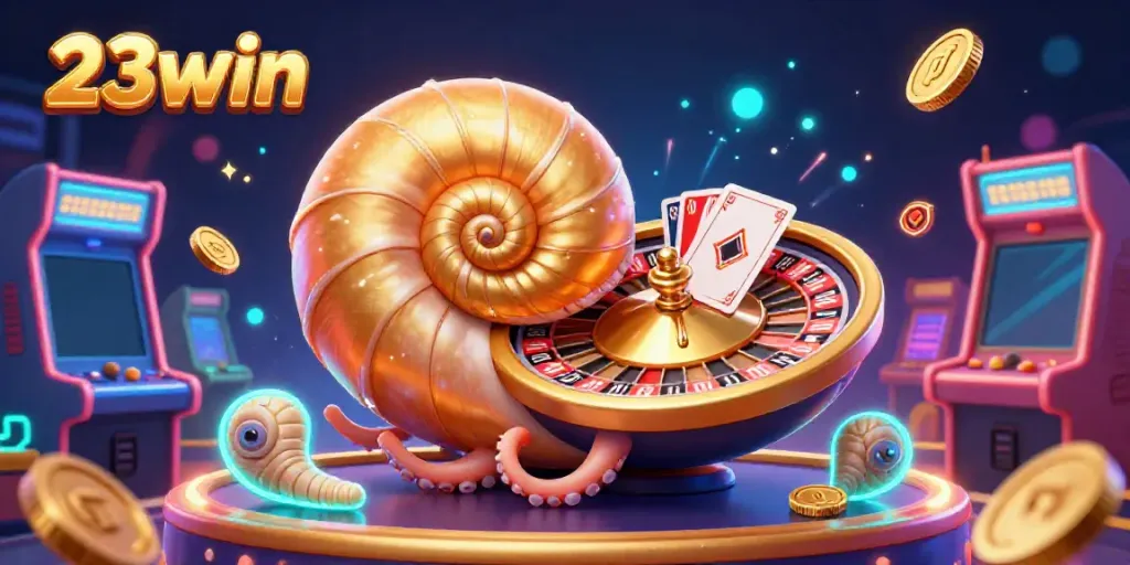 Experience the thrill of 23win with this dynamic illustration, showcasing a nautilus roulette wheel and vibrant gaming elements.