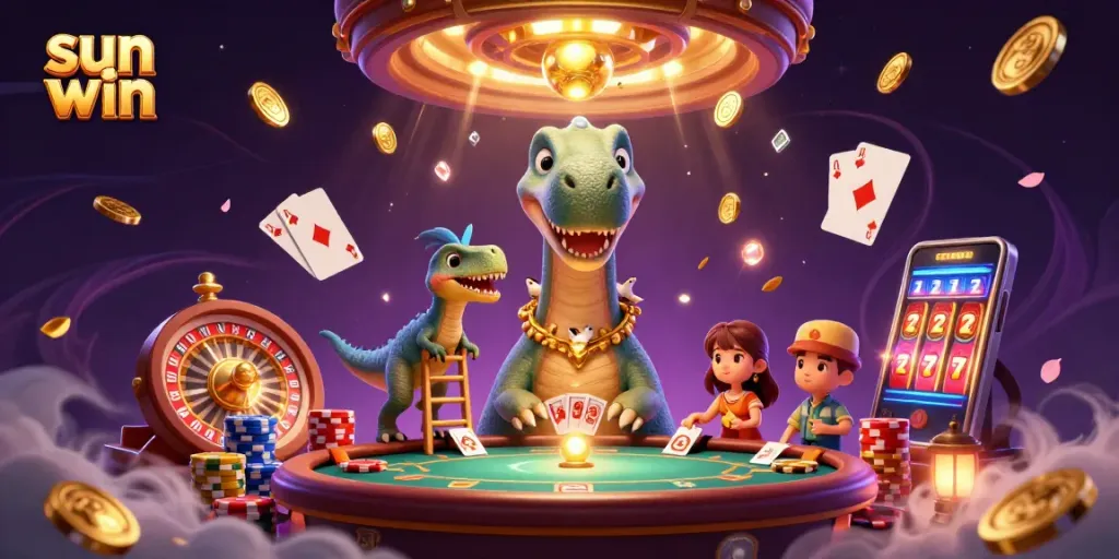 Engage with the sun win experience in an animated casino, featuring a playful dinosaur dealer.