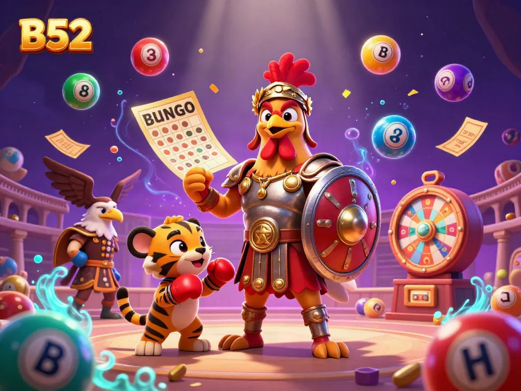 B52 engages players with colorful lottery elements and vibrant characters in a dynamic casino setting.