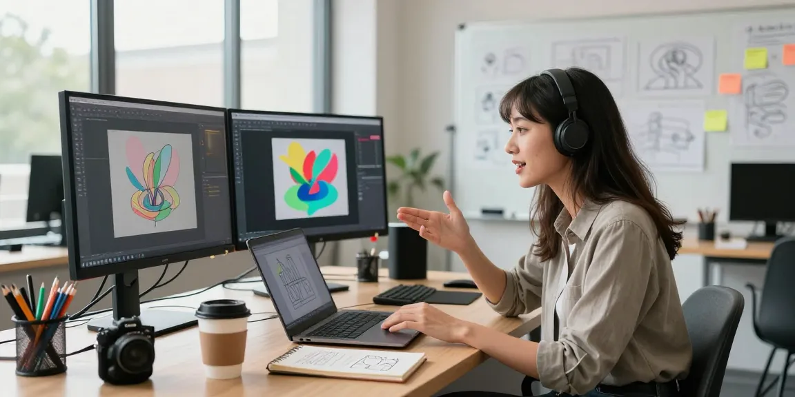 Creative workspace showcasing a woman engaging with juicy ai tools on her laptop amidst vibrant design elements and tech gadgets.