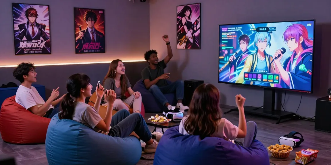 Exciting gaming lounge with friends enjoying lewdspot adult visual novel game.
